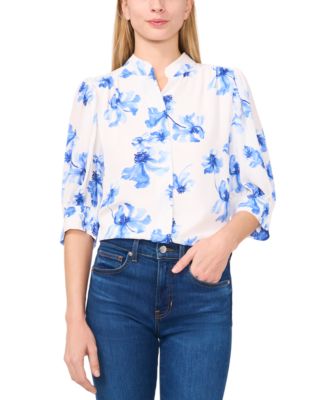 CeCe - Women's Printed Open-Collar Elbow-Sleeve Top