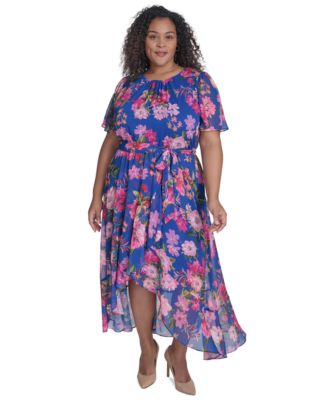 Jessica Howard - Plus Size Floral-Print Belted Flutter-Sleeve Dress