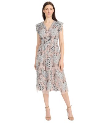 Maggy London - Women's V-Neck Floral Mesh Midi Dress