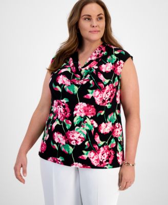 Kasper - Plus Size Floral Cowlneck Cap-Sleeve Top