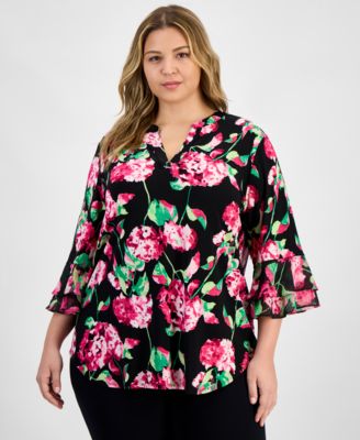 Kasper - Plus Size Floral-Print Flutter-Sleeve Top
