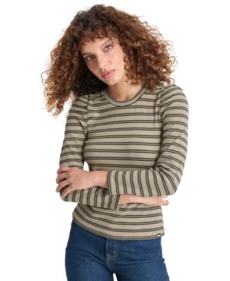 DKNY Jeans - Petite Striped Round-Neck Puff-Shoulder Top