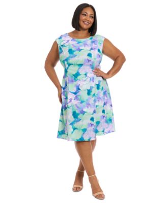 London Times - Plus Size Printed Sleeveless Fit & Flare Dress