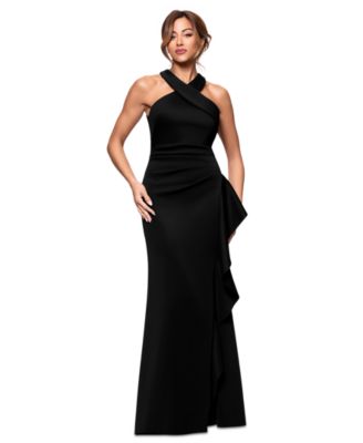 XSCAPE - Women's Crisscross Halter Side-Ruffled Gown