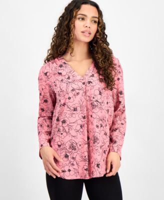 AK Anne Klein - Petite Printed V-Neck Roll-Tab-Sleeve Top