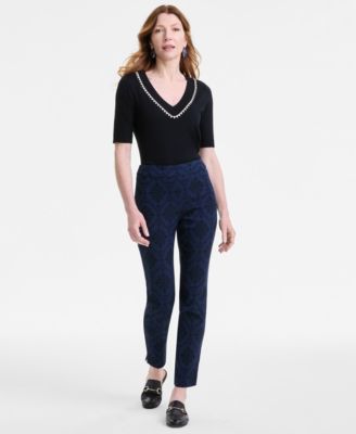 JM Collection - Petite Jacquard Medallion-Print Pull-On Pants