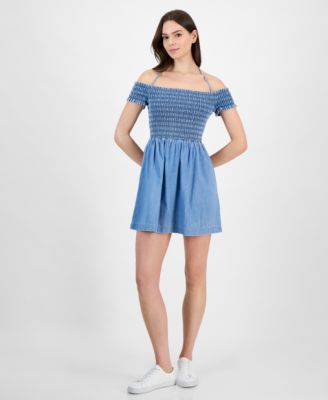 Tommy Jeans - Women's Cotton Smocked-Bodice Fit & Flare Dress