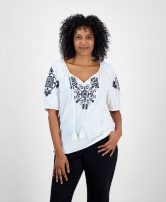 Style & Co - Women's Embroidered Split-Neck Tasseled-Tie Top