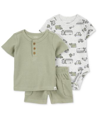 Carter's - Baby Boys 3-Pc. Printed Bodysuit, Thermal Henley T-Shirt & Shorts Set