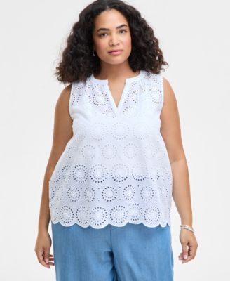 On 34th - Trendy Plus Size Cotton Eyelet Split-Neck Tank