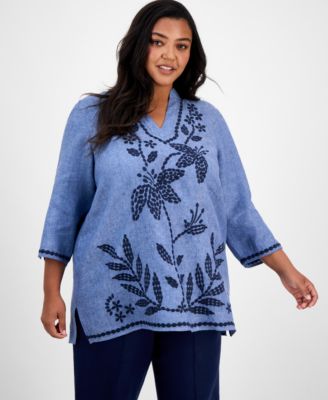 Charter Club - Plus Size Delave Embroidered Linen Tunic