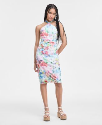 City Studios - Juniors' Printed Mesh Tie-Back Halter Dress