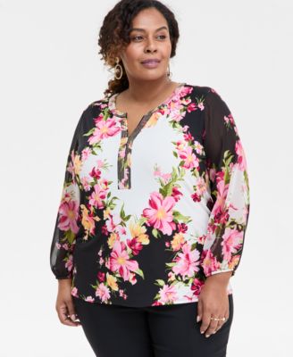 JM Collection - Plus Size Printed Embellished Paradise V-Neck Top