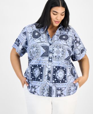 Tommy Hilfiger - Plus Size Cotton Patchwork-Print Camp Shirt