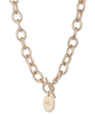 Lauren Ralph Lauren - Gold-Tone Polished Link Logo Disc 17" Toggle Necklace