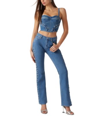 GUESS - Women's Mid-Rise Lace-Up Fare-Leg Jeans