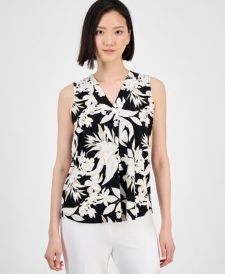 Anne Klein - Women's Pleated-Neck Printed Sleeveless Top