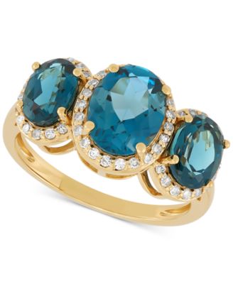 Macy's - London Blue Topaz (4 ct. t.w.) & Diamond (1/4 ct. t.w.) Oval Trio Halo Ring in 10k Gold