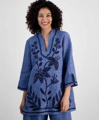 Charter Club - Petite Embroidered Linen Tunic