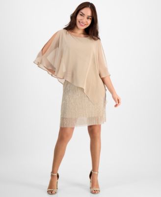 Connected - Petite Cape-Overlay Metallic A-Line Dress