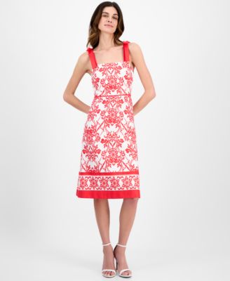 Anne Klein - Women's Printed Bow-Shoulder Border-Hem Midi Dress