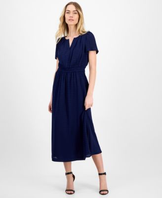 Anne Klein - Women's Elastic-Waist Short-Sleeve Midi Dress