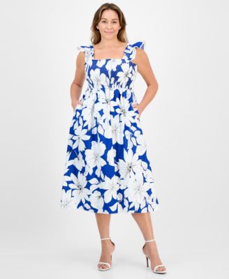 Anne Klein - Plus Size Floral-Print Smocked Ruffled-Sleeve Cotton Midi Dress