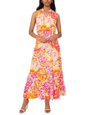 MSK - Petite Printed Tiered Split-Neck Maxi Dress