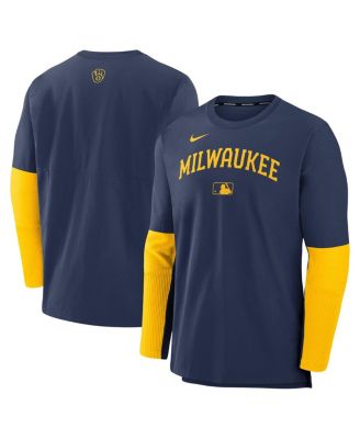 Nike - Men's Navy/Gold Milwaukee Brewers Authentic Collection Lightweight Player Tri-Blend Performance Pullover Sweatshirt