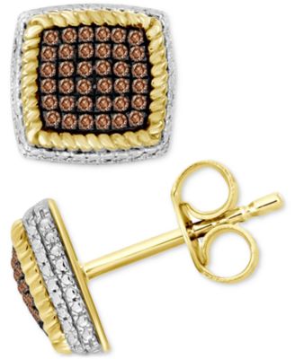 Macy's - Men's Brown Diamond Square Cluster Stud Earrings (1/3 ct. t.w.) in 10k Gold