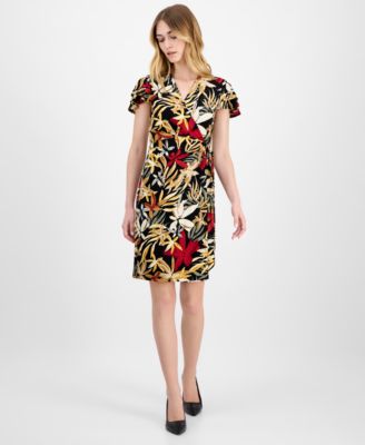 Anne Klein - Women's Faux-Wrap Flutter-Sleeve Floral-Print Dress