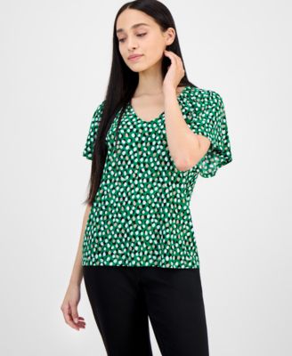 AK Anne Klein - Petite Printed V-Neck Raglan-Sleeve Top