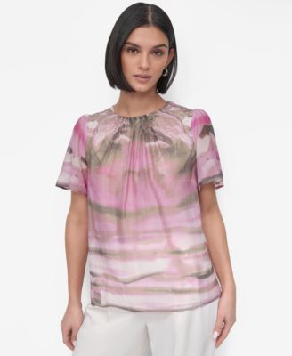DKNY - Petite Printed Puff-Shoulder Blouse