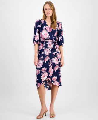 Connected - Women's Floral-Print 3/4-Sleeve Midi Dress