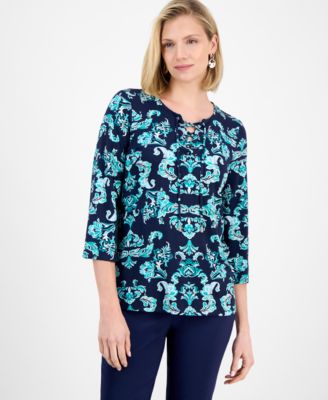 JM Collection - Women's Sumatra Scrolls Split-Neck Top
