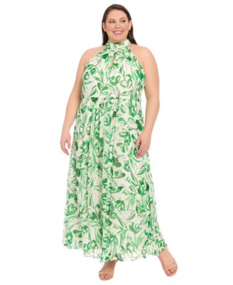 London Times - Plus Size Floral-Print Halter Maxi Dress