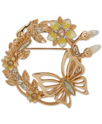 Anne Klein - Gold-Tone Mixed Stone Flower & Butterfly Wreath Pin