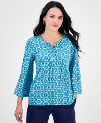 JM Collection - Petite Kayla Geometric Print 3/4-Sleeve Blouse, Exclusively at Macy's