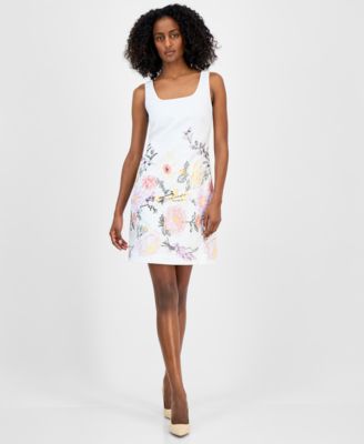 Tahari ASL - Petite Embroidered Square-Neck Shift Dress