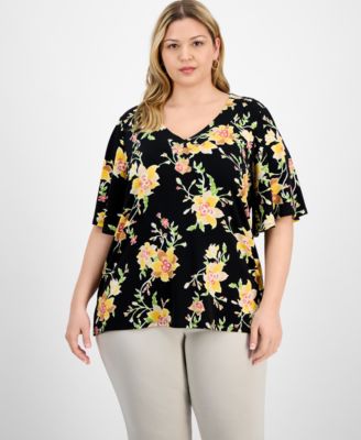 JM Collection - Plus Size Floral Flared-Sleeve V-Neck Top