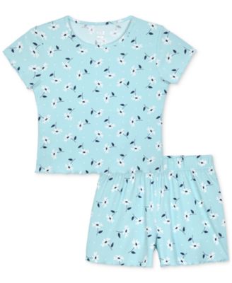 Max & Olivia - Big Girls Floral-Print Rib Lettuce-Edge Shorts Pajama Set