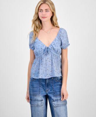 Planet Gold - Juniors' Floral-Print Puff-Sleeve Peplum Top