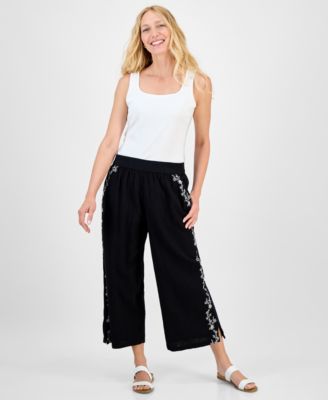 Style & Co - Women's Cotton Floral-Embroidered Crinkle-Texture Pants