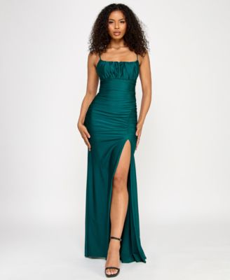 KATIA RAE - Juniors' Sleeveless Shirred Side-Slit Gown