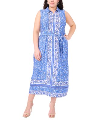 MSK - Plus Size Zip-Front Border-Print Belted Midi Dress