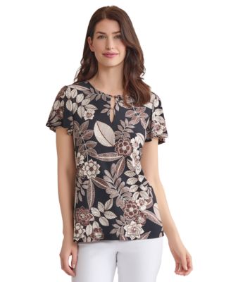 Jones New York - Women's Printed Embellished-Neck Flutter-Sleeve Top