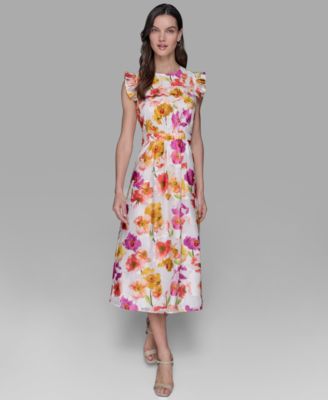 KARL LAGERFELD PARIS - Women's Floral-Print Flutter-Sleeve Midi Dress