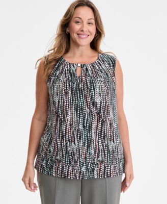 Kasper - Plus Size Dot-Print Keyhole Top