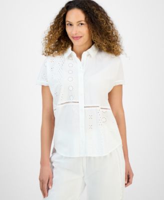 Style & Co - Petite Eyelet-Detail Cotton Camp Shirt