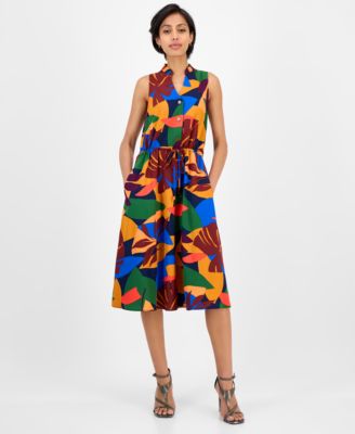 Sandra Darren - Women's Printed Drawstring Midi Shirtdress